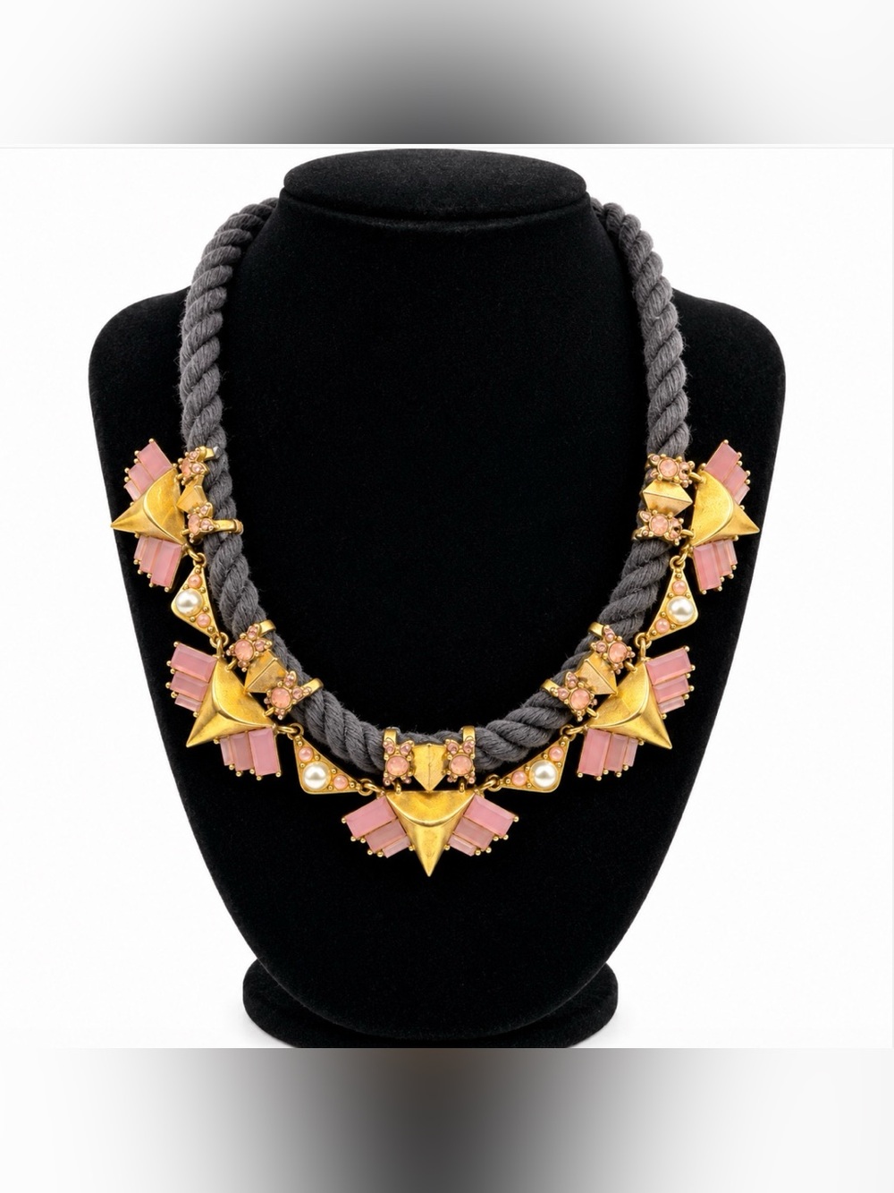 J Crew Black Cord Matte Gold Tone Pink Rhinestone Necklace - Picture 3 of 7
